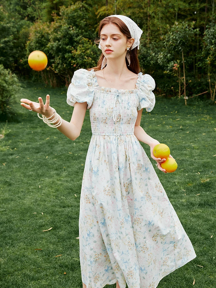 FSLE French Style Square Neck Romantic Floral Dress 2024 Summer New Ladies All-match Casual Long Dress 24FS12525