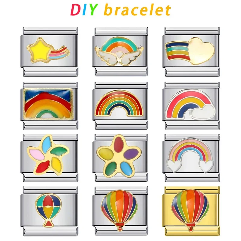 Rainbow Element Stainless Steel Italian Module Bracelet Welded Drop Oil Pattern DIY Bracelet Italian Charm 