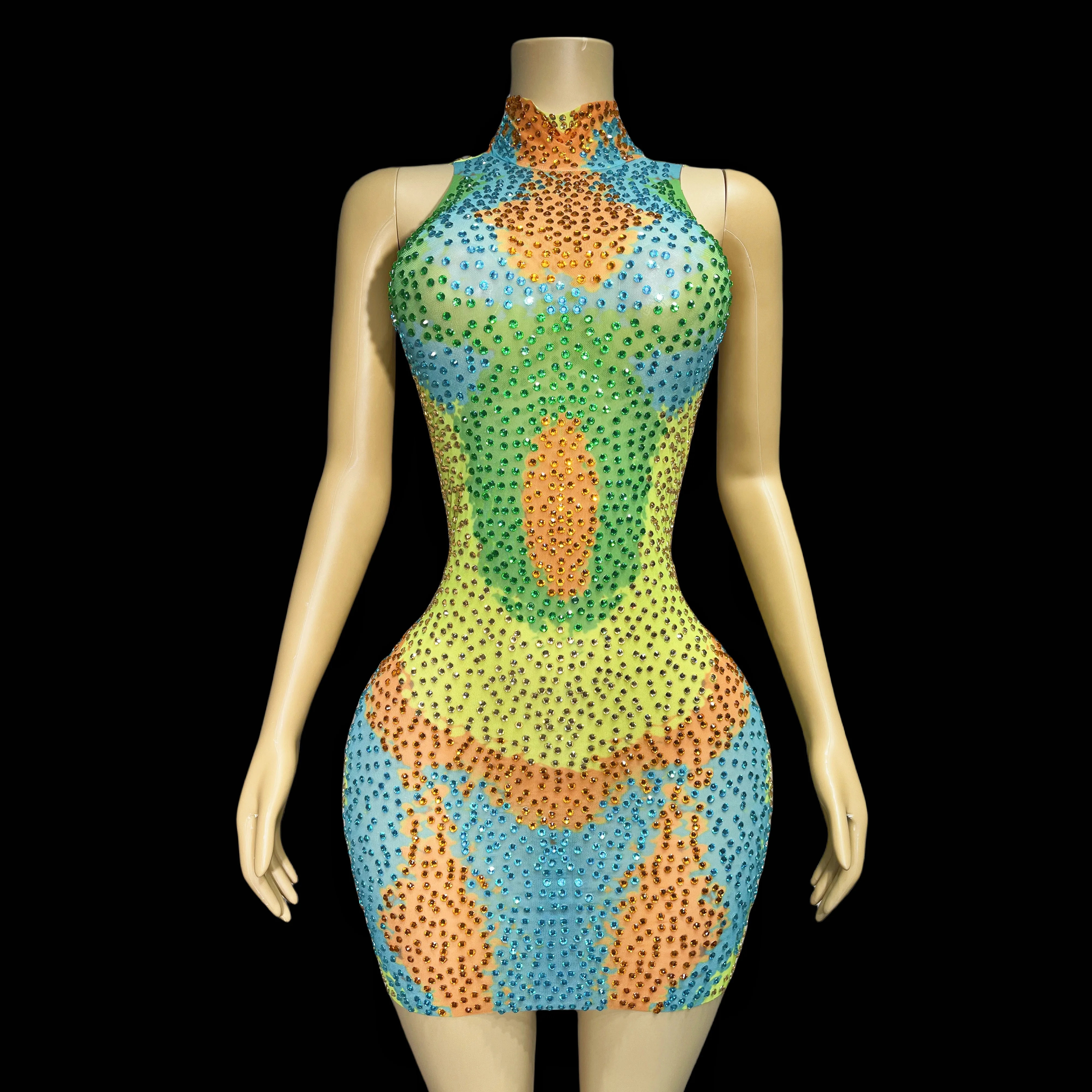 

Sleeveless Sexy Yellow Green Orange Blue Rhinestone Dress Birthday Ladies Dance Costumes Dance Costumes bingguo