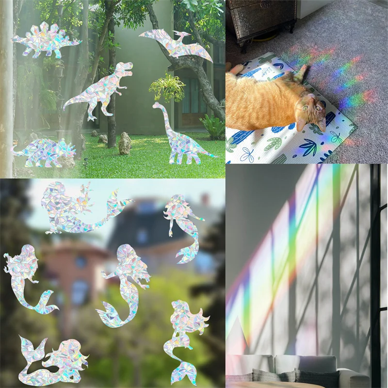 Dinosaur Mermaid Rainbow Window Film 3D Sun Catcher Wall Stickers Electrostatic Paste Glass Decals Home Decor Bedroom Kids Room