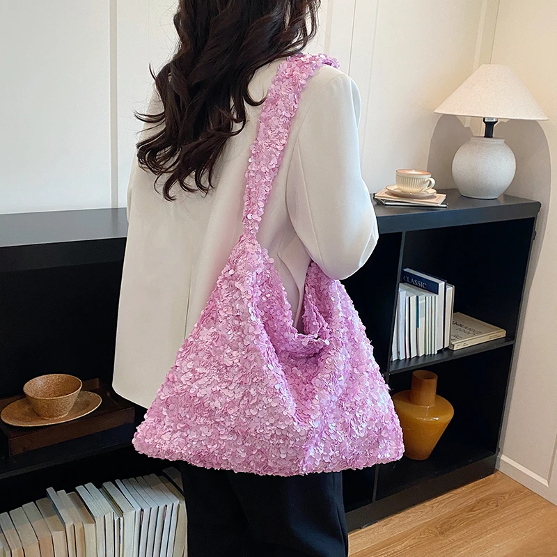 Sparkly Sequin Large Triangle Tote Women Black White Pink Blue Knotted Handle Handheld Single Shoulder Party Shopping Handbag