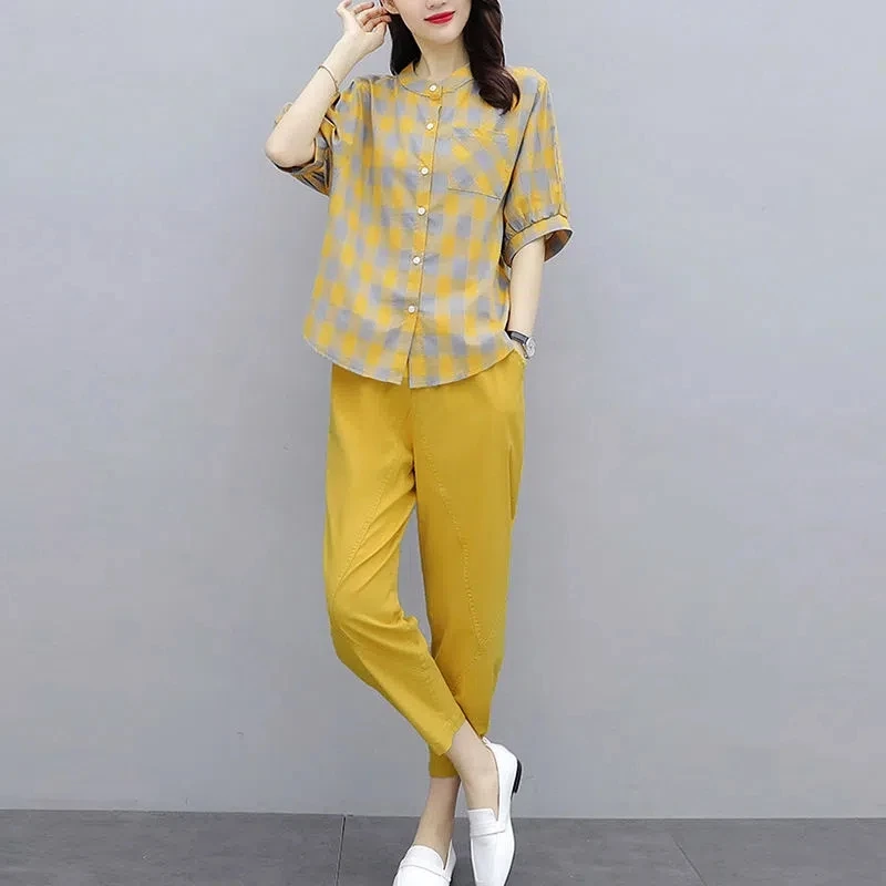 

Women Pants 2-Piece Set 2022 Female Spring Summer Slim Suit Lady Blouse + Wide Leg Pants Office Ladies Sets 3XL H242