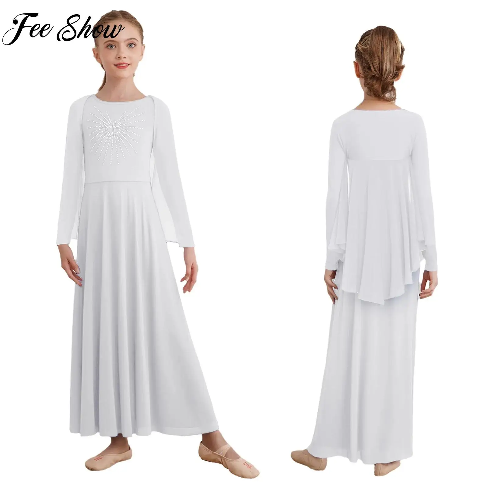 

Kids Girls Worship Lyrical Dance Costumes Kids Liturgical Praise Church Dress Dancewear Maxi Dress with Angel Wing Shrug Outfit