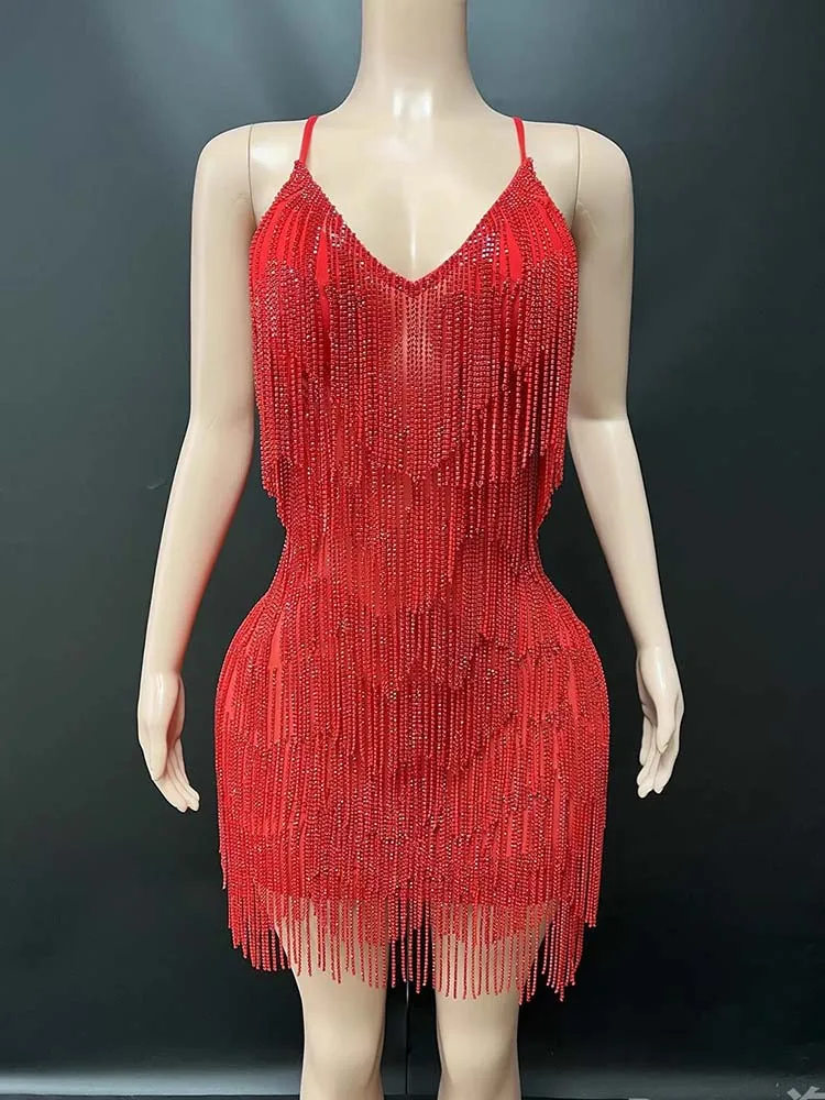 High Quality Rhinestone Layered Tassel Sexy Bare Back Suspender Dress 2025 New Fashion Custom Women'S Clothing