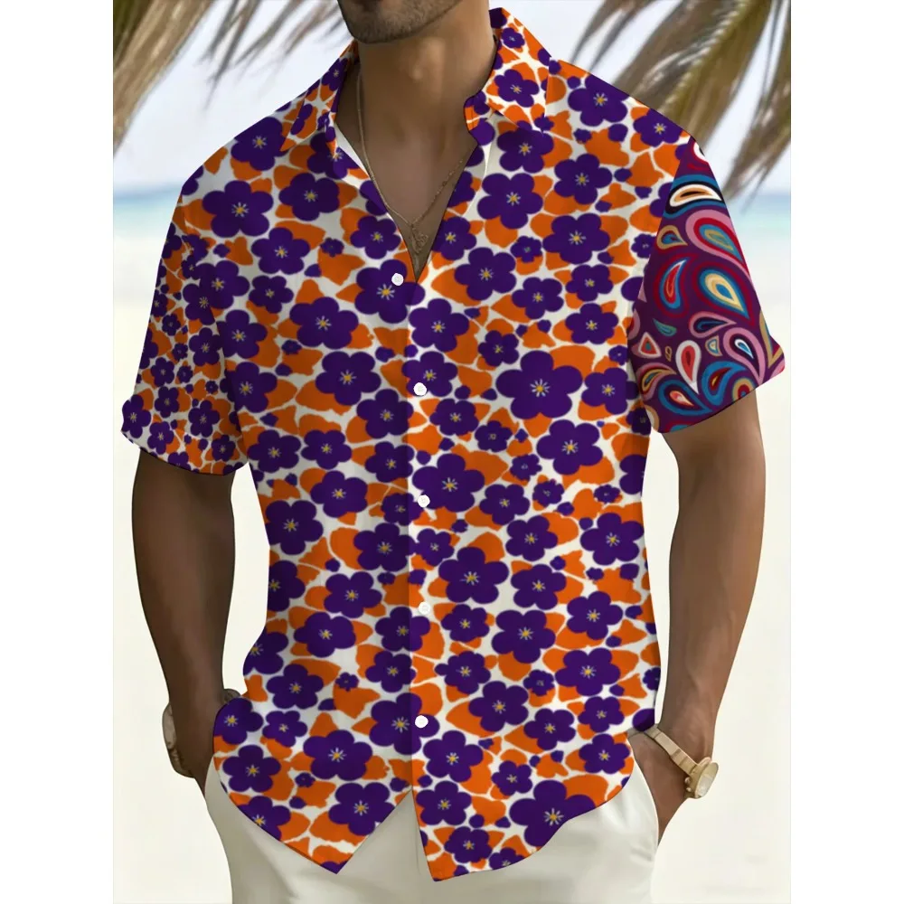 Contrast Paisley Sleeve Purple Flower Allover Print Mens Short Sleeve Shirts Orange Background Loose Blouse