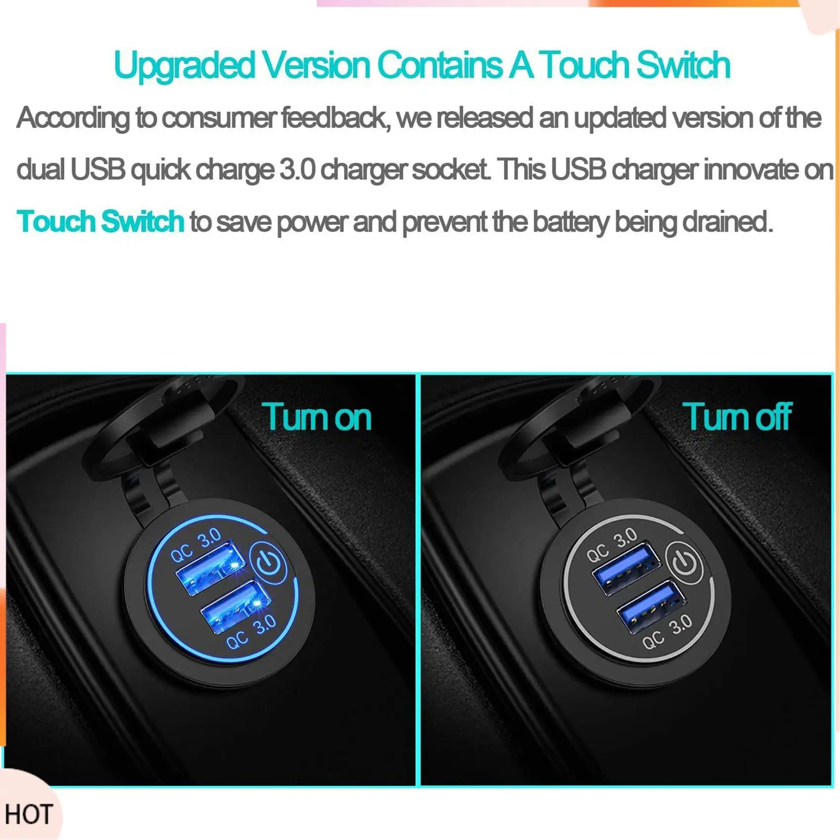 

News 10X Quick Charge 3.0 Dual USB Car Charger 12V 36W USB Fast Charger With Switch For Boat Motorcycle Truck Golf Cart Blue