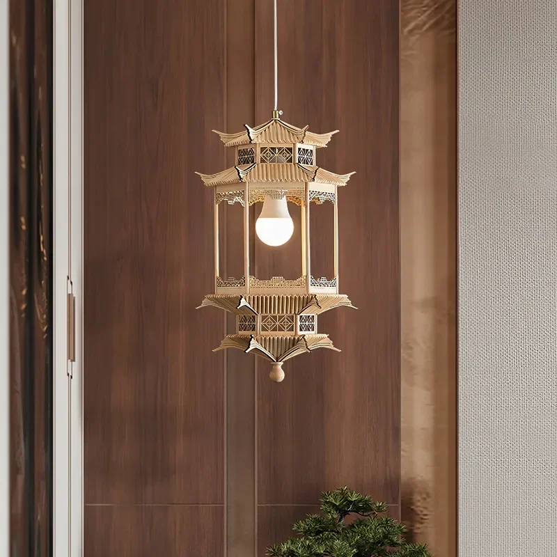 New Chinese antique building model chandelier dining club villa living room dining room handmade solid wood ornaments lamps
