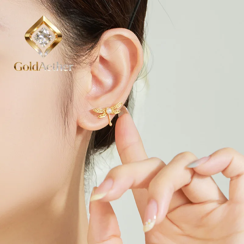 

GoldNouveau Luxury 24K 9999 Pure Gold real gold Women's Dragonfly Earrings with Pearl