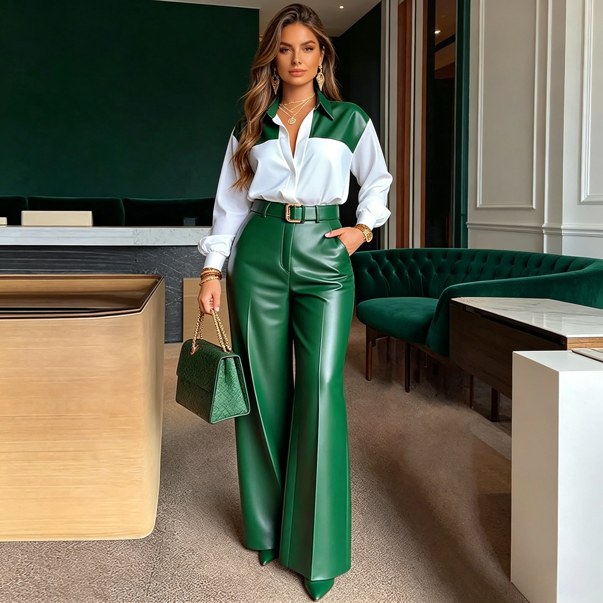 

Two Pieces Women Pant Sets Office Lady Matching Set Long Sleeves Shirt Wide Leg Leather Pants Loose Casual Elegant 2026 Spring