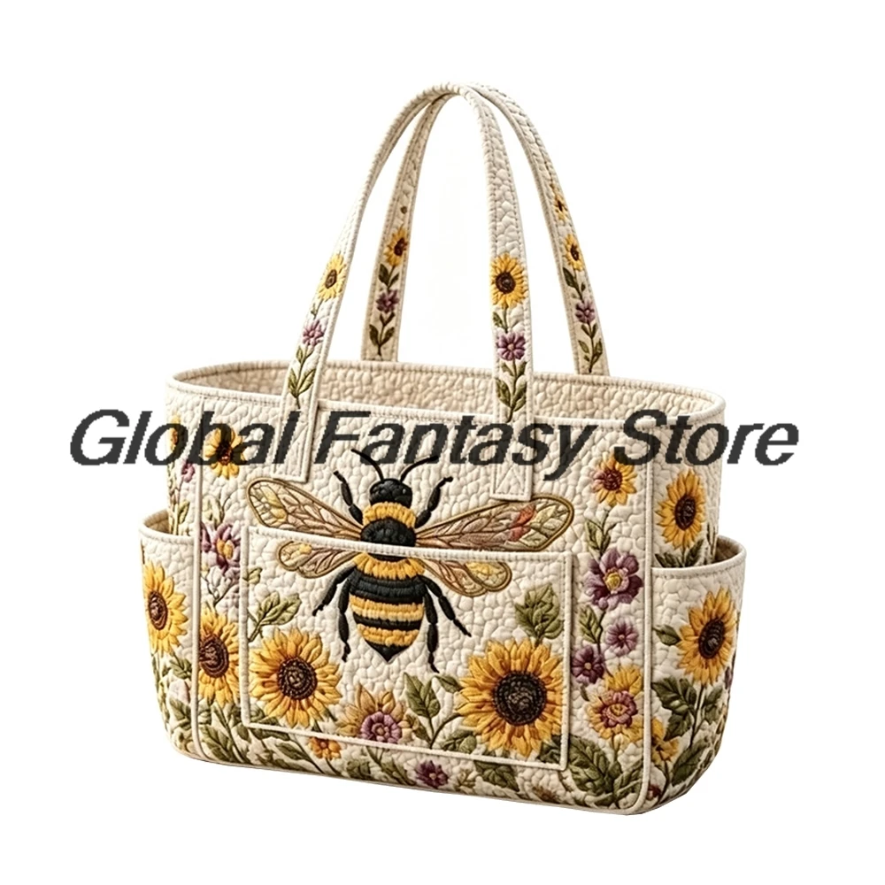 Honey Bee Sunflower Floral Multiple Pockets Quilted Tote Bag Women Large Capacity Shoulder Handbag Daily Shopping Bags