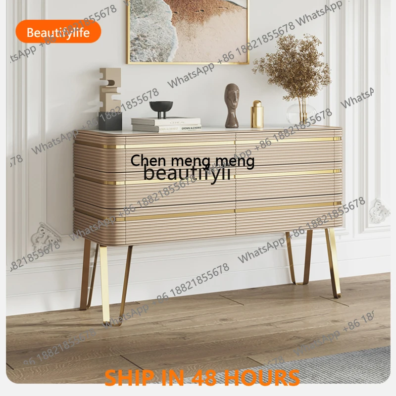 

Nordic Light Luxury Gold-Plated Stainless Steel Stone Plate Hallway Sideboard Cabinet Striped Paint Chest of Six DrawersFH H