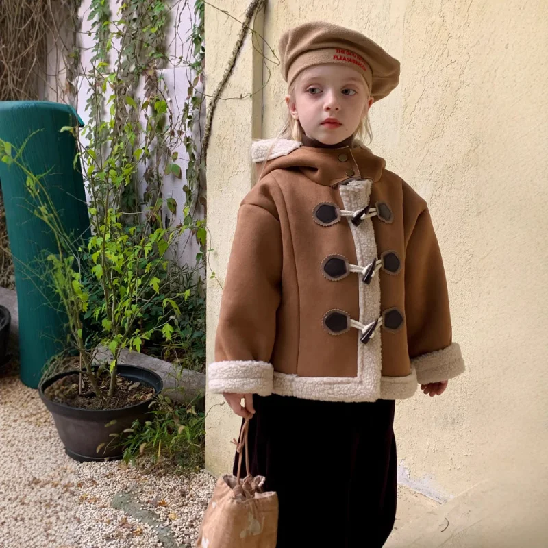 

Girls' Fleece-Lined Jacket Autumn Winter Stylish Hooded Warm Fur-Lined Thick Coat Baby Overcoat Korean Style