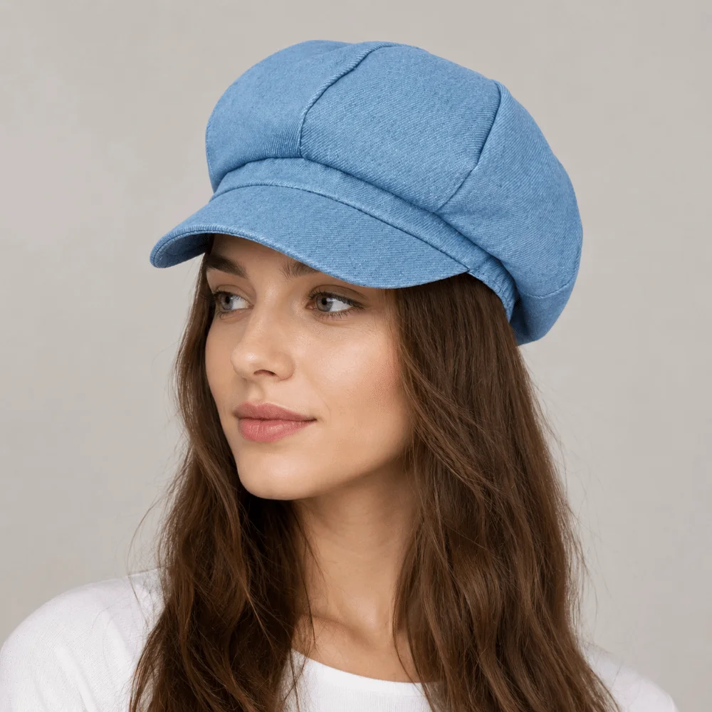 Vintage Solid Color Octagonal Caps Denim Cloth Face‑Slimming Women Beret Hats Good Quality Artist Hat Female Newsboy Cap