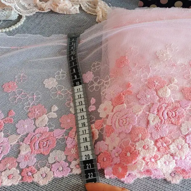 2Yards Pink Flowers Embroidered Tulle Lace Trim Soft Mesh Lingerie Underwear Clothes Bra Dress Sewing Fabric DIY