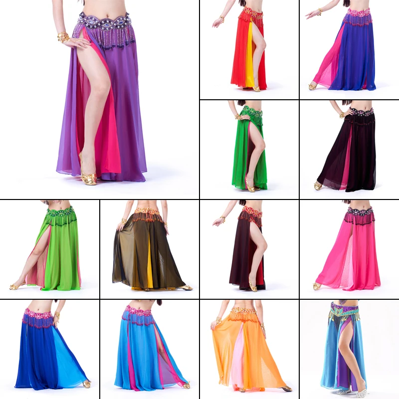 女性セクシーなベリーダンススカートダブルスリットシフォンダンススカートオリエンタルベリーダンスステージパフォーマンスショーカーニバル衣装