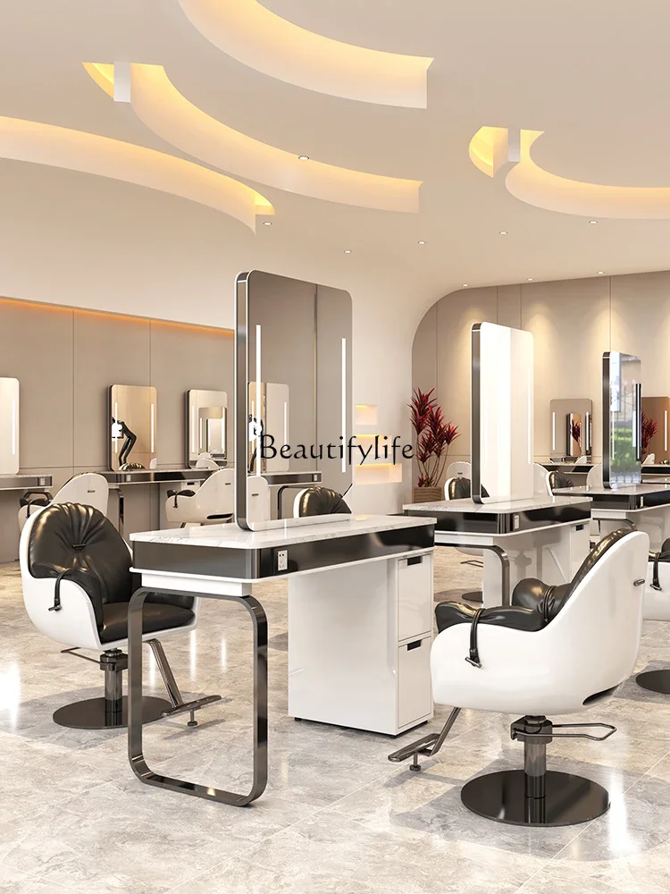 

06For Hair Salon Hairdressing Mirror Integrated Marble Single-Sided High-End Hot Dyeing Table with Cabinet