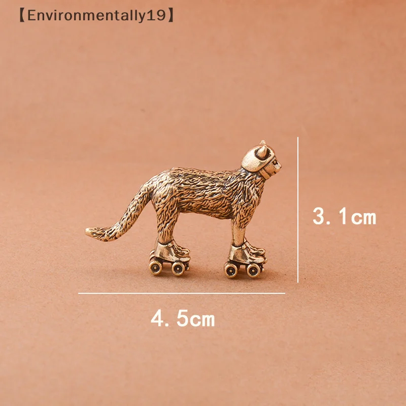 Brass Distressed Ski Cat Figurine Miniature Tea Pet Craft Desktop Small Ornament Animal Home Decor Accessories Children Gift
