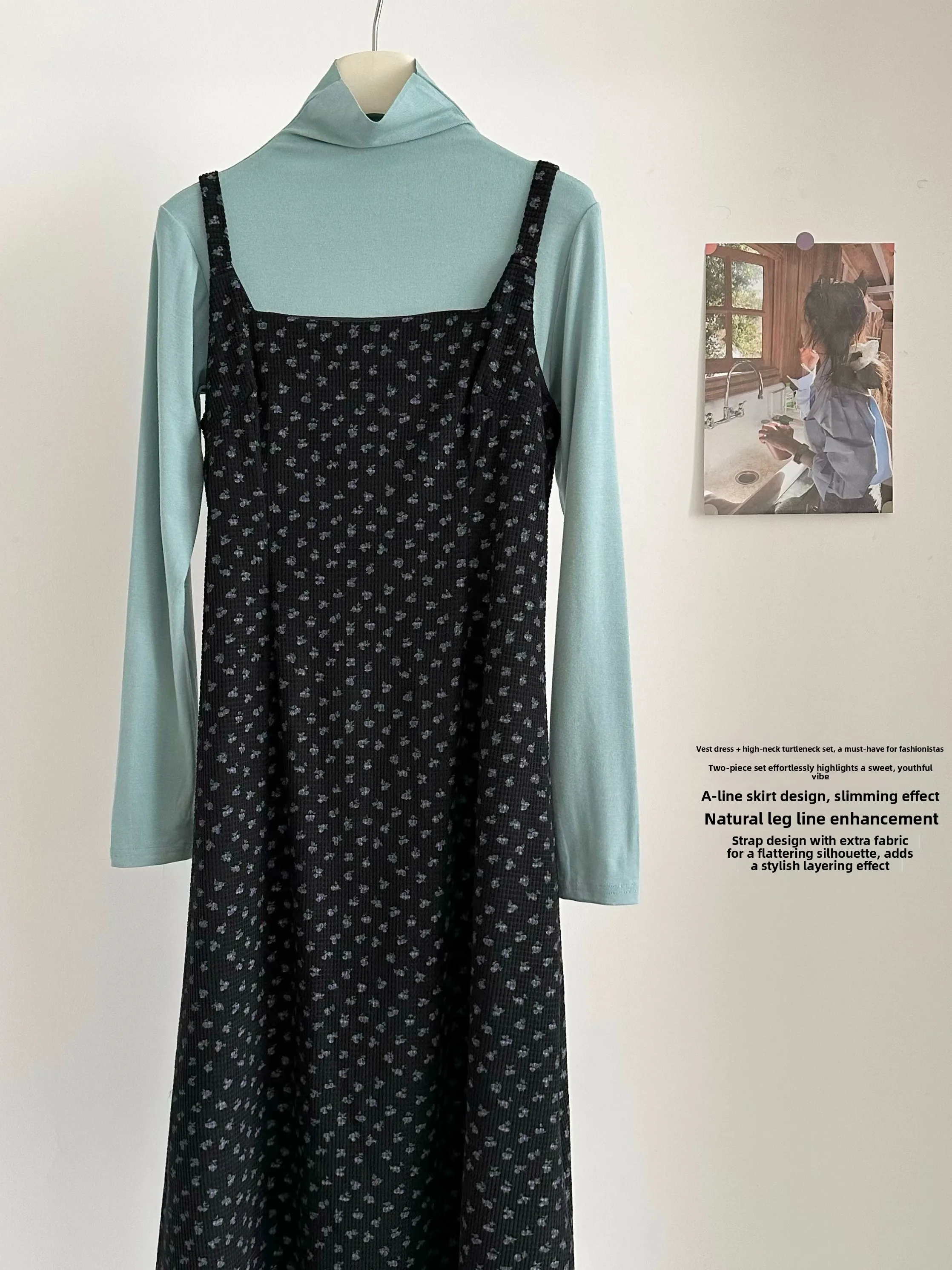 

Корейское Sle Bla с цветочным принтом, квадратное длинное платье трапециевидной формы, женское осенне-зимнее облегающее платье с высокой талией на бретельках