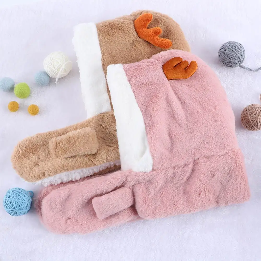 

Sweet Warm Solid Color Fashion Design Kids Ear Protector Korean Cap With Scarf Children Plush Hat Christmas Plush Hat