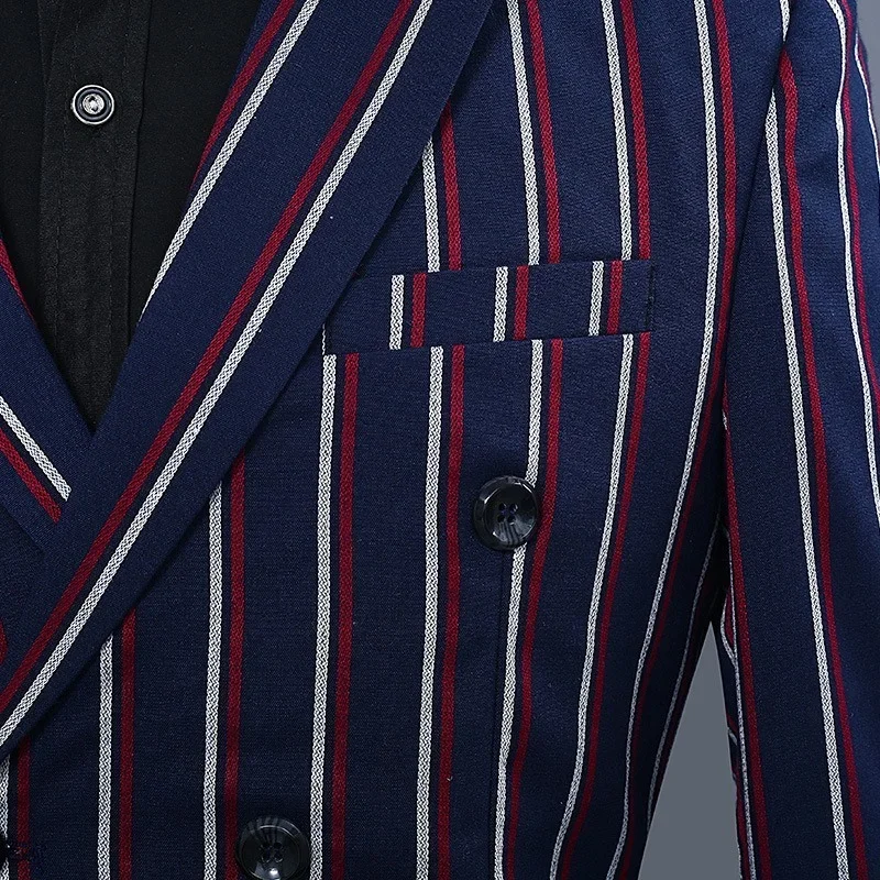 Suits Men Singer Stage Show Groom Suit Dress Mens Casual Prom for Blue Stripes Slim Fit Clothing Two Piece Set Coat Pants