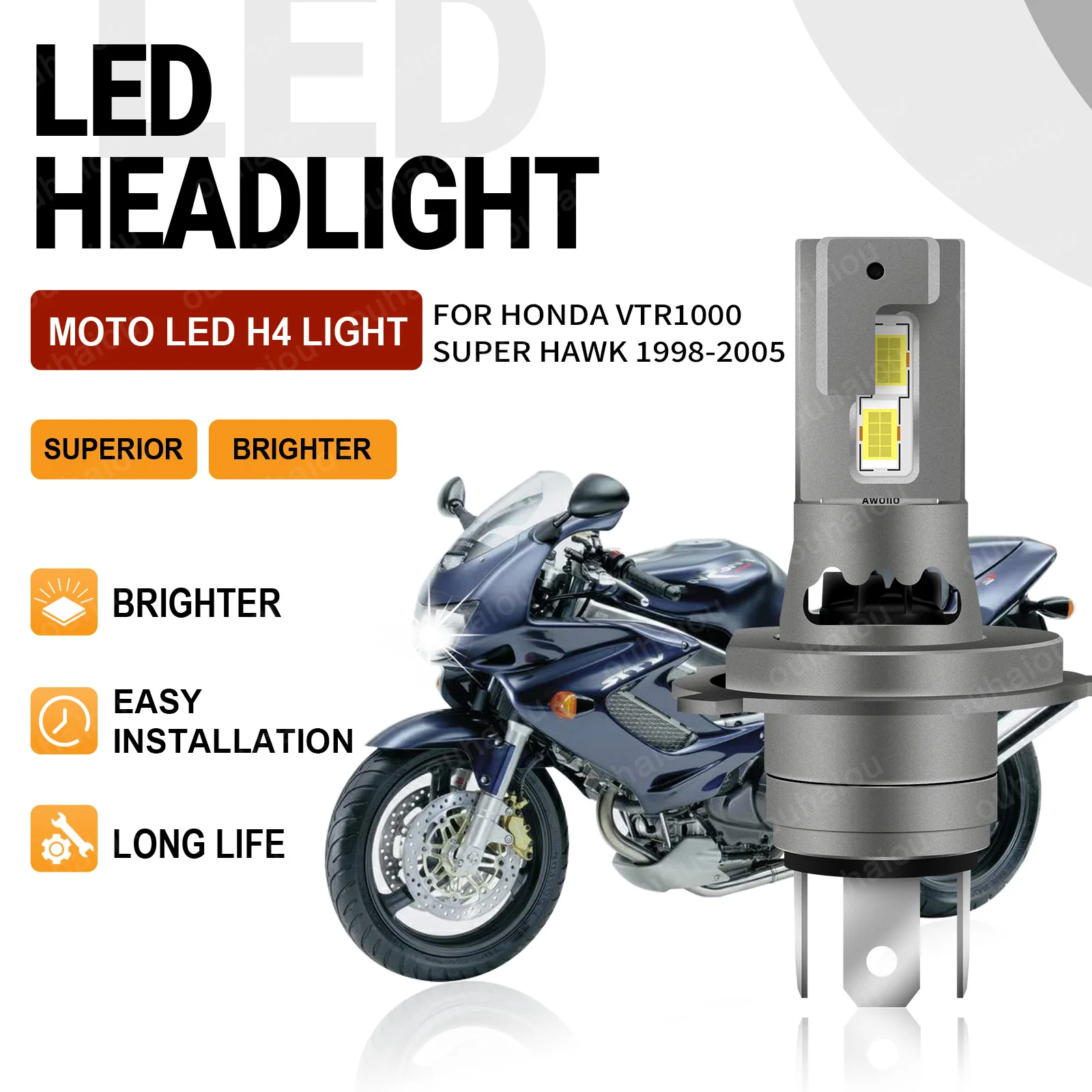 

For Honda VTR1000 Super Hawk 1998 1999 2000 2001-2005 1PCS Motorcycle Headlight Led H4 Super Bright Motorbike White 6000K 12V