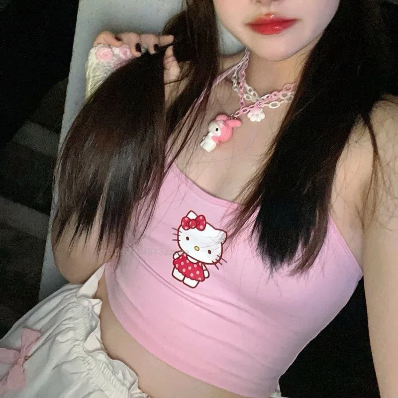 New Sanrio Fashion Summer Sexy Hello Kitty Tank Tops Y2k Girl Harajuku Street Style Vest Women Vintage Trendy Crop Tees Female