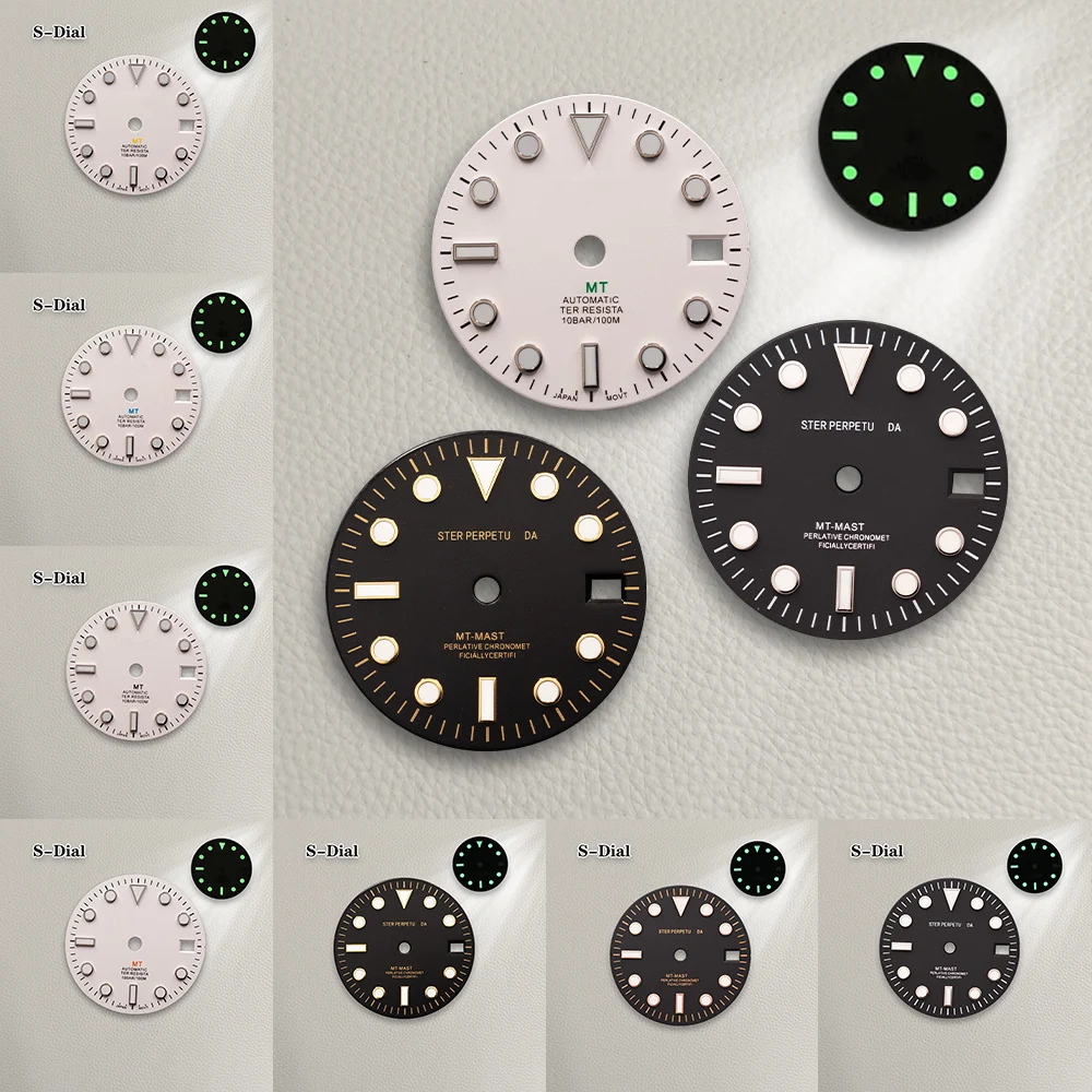 28.5mm S Dial white NH34 GMT Matte Dial Black Sun Pattern Dial Fit NH34 Movement Green Luminous Watch Modification Accessories