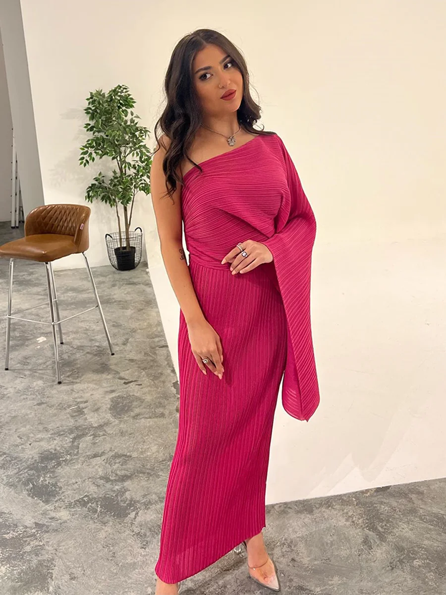 ANLAN 2024 New Pleated Women's Dress London Designer Solid One Shoulder Flying Sleeve Evening Party Dresses Prom Robe 3AK1906