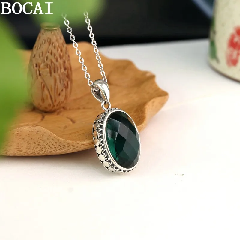 BOCAI New S925 Pure Silver Jewelry With A Retro Style Set With An Oval Green Crystal Pendant A Women's Selected Gift