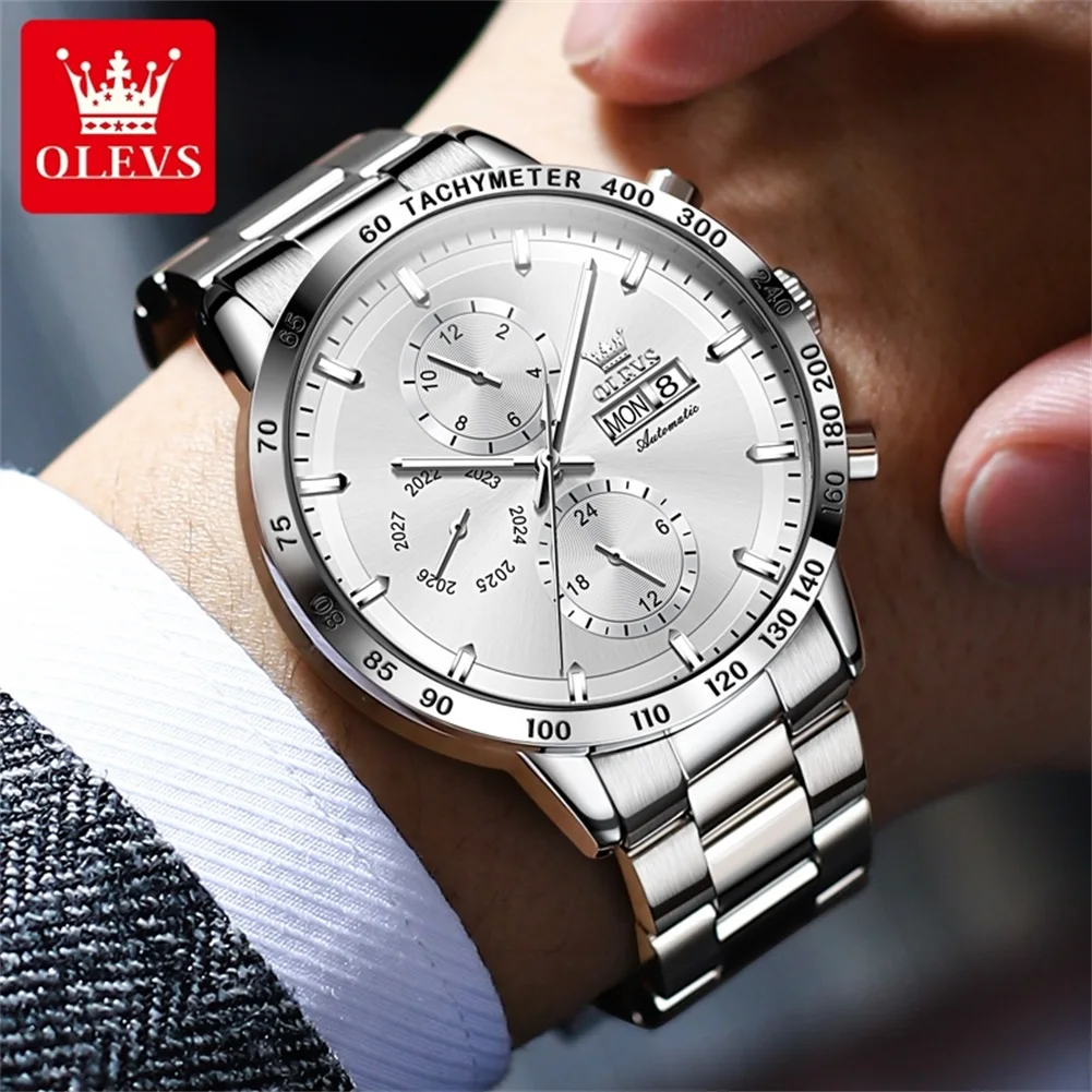 OLEVS 6683 Luxury Man Watch Original Chronograph Waterproof Dual Calendar Stainless Steel Men\'s Automatic Mechanical Wristwatch