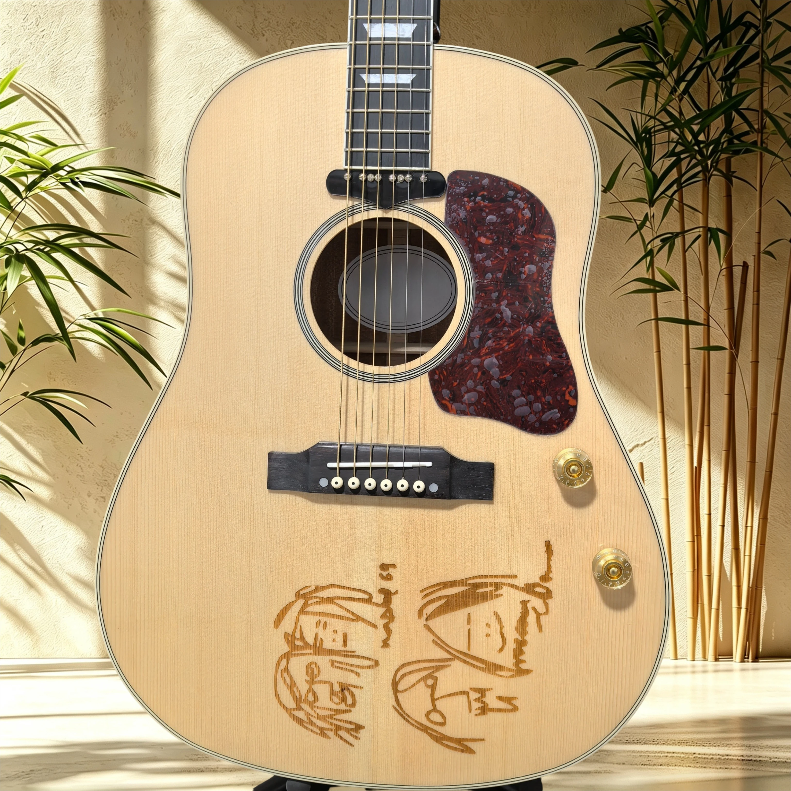 J160 Natural Electric Acoustic Guitar Spruce Top Tortoise Pickguard with Built‑in Pickup Engraved Pattern Singing Fingerstyle