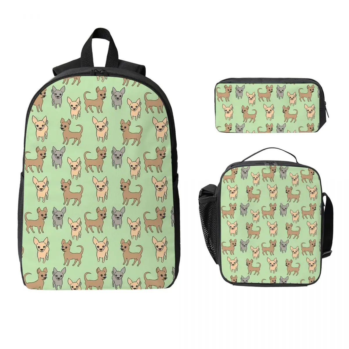 

Chihuahua Chihuahuas Green Backpack Boys Girls BookBag School Bag Computer Shoulder Bags 3ps Insulated Lunch Bag Pencil Case
