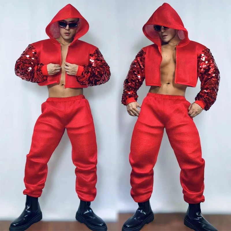 

Muscle Man Jazz Clothing Red Sequins Sleeves Jacket Pants For Men Pole Dance Outfit Hip Hop Clothes Bar Dj Ds Clubwear XS7634