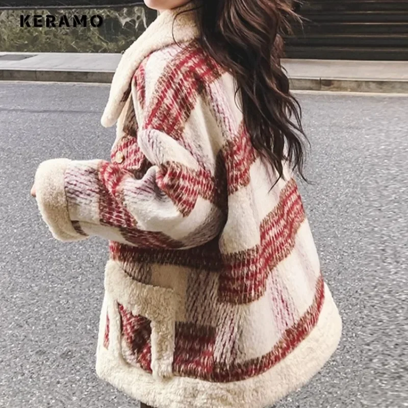 2024 Winter Korean Vintage Style Lady Single Breasted Plaid Patchwork Jacket For Women Outerwear Casual Fashion Loose Warm Coat