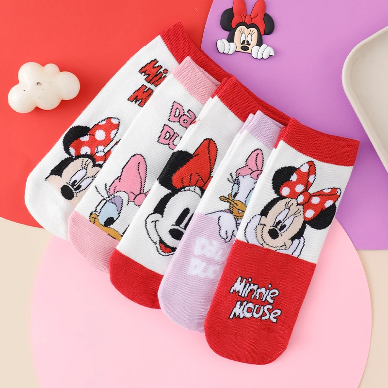 5 Pairs of Disney Sweet and Cute Minnie Mouse and Daisy Duck Cartoon Printed Cotton Medium Socks for Women Sweet Casual Socks view 4