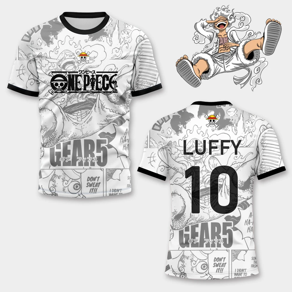 Camiseta de Fútbol 3D Estilo Manga de One Piece Luffy Gear 5 Nika, Camiseta de Fútbol de Anime para Hombre, Camiseta de Fútbol de Verano para Niños