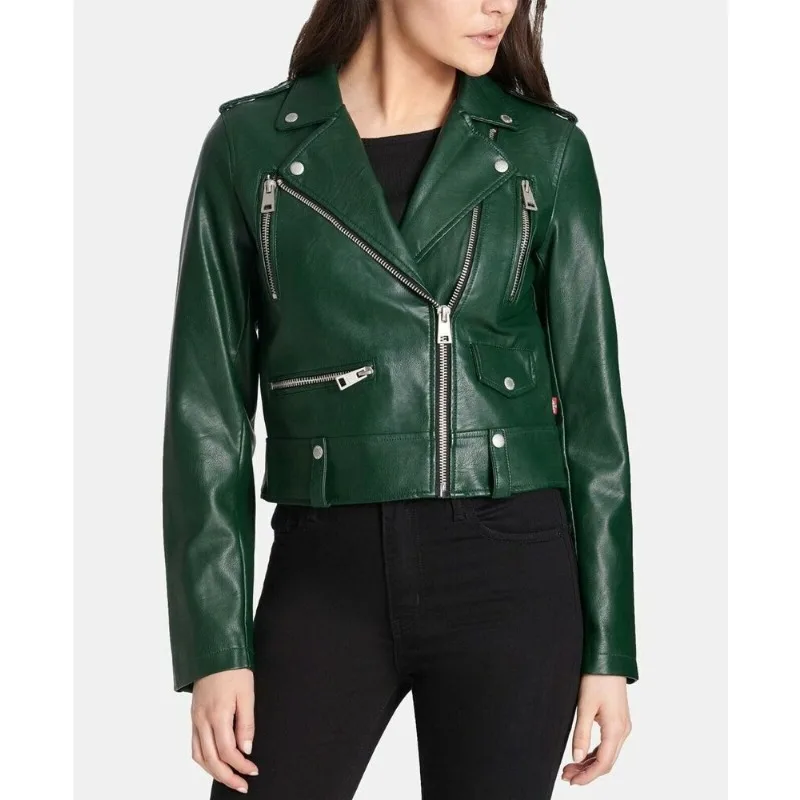 Pure Sheepskin Green Leather Jacket European and American Fashion Trend