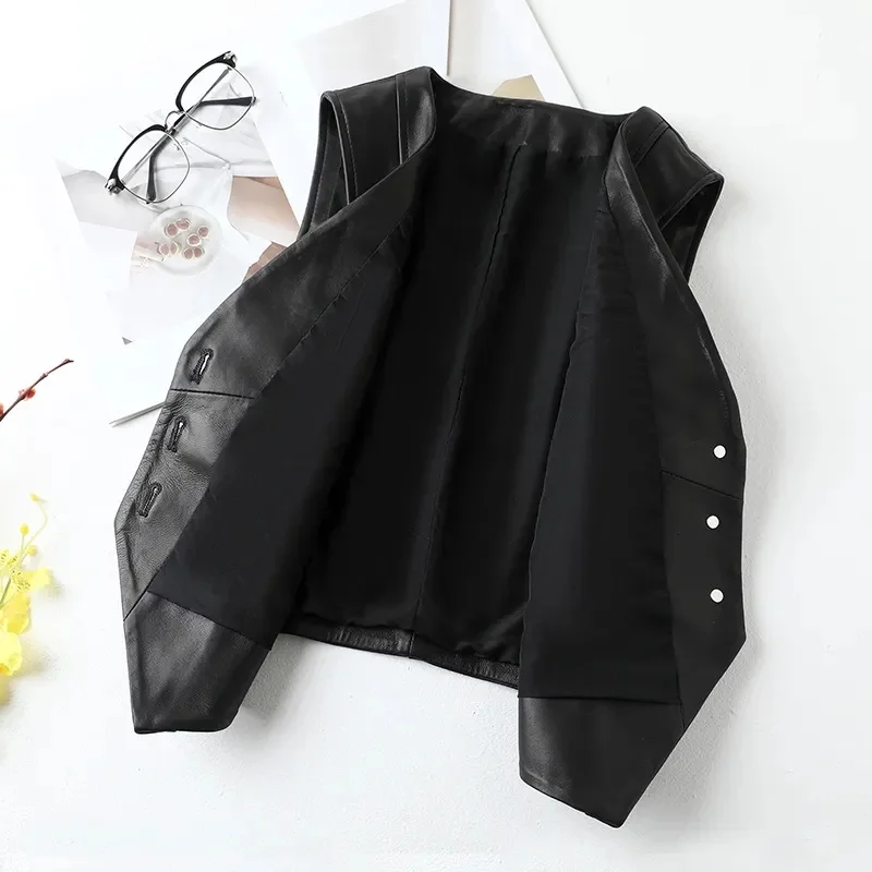 2024 New Spring Women\'s Casual V-neck Button Imitation Leather Fine Cut Black Vest Female Waistcoat Sleeveless Jacket