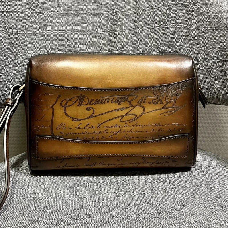 DIMY 2025 Men's Genuine Leather Handbag New High End Large Capacity Luxury Retro Flip Cover Handbag Men's Style High End