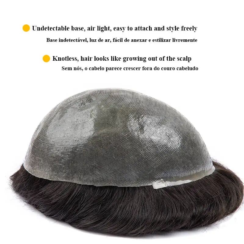 Pu Toupee 남성용 모발 보형물, 내구성 있는 가발, 100% 인모 시스템 유닛, 모세관 보형물, 0.04mm-0.06mm