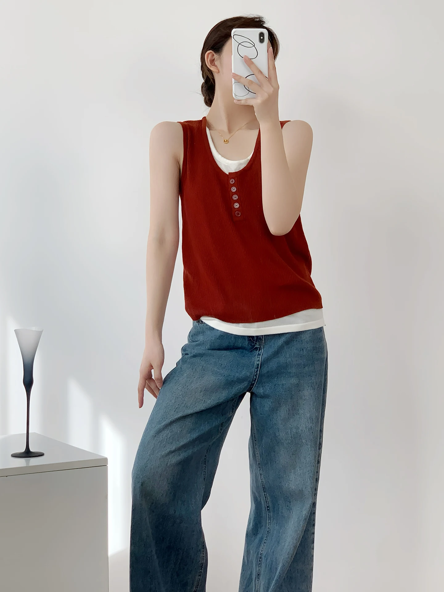 Retro Hong Kong Sle Red Knitted Ice Silk Women's Top Summer ort Sve T-irt Vest Fake Two-Piece Strap Outerwear