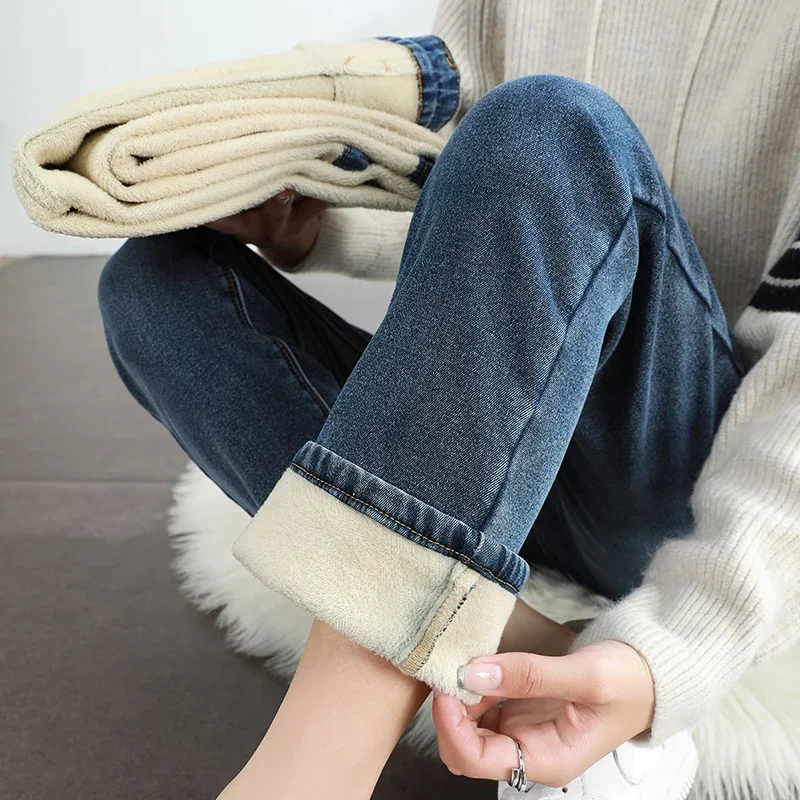 

Moroder Women's Winter Fleece Warm Jeans Retro Slim Straight Elastic Cotton Thickened Warm Denim Pants Fashion Female Clothing