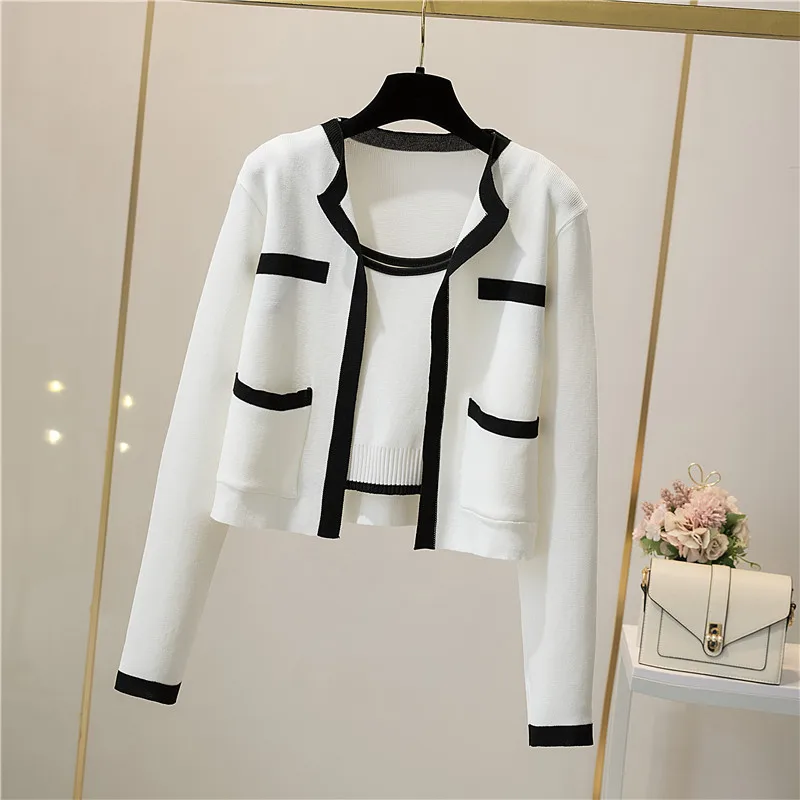 Contrast Color Knitted Cardigan Coat Long Sleeve O-Neck Sweater Jacket Women\'s 2023  New Autumn Vest Top Two-piece Set