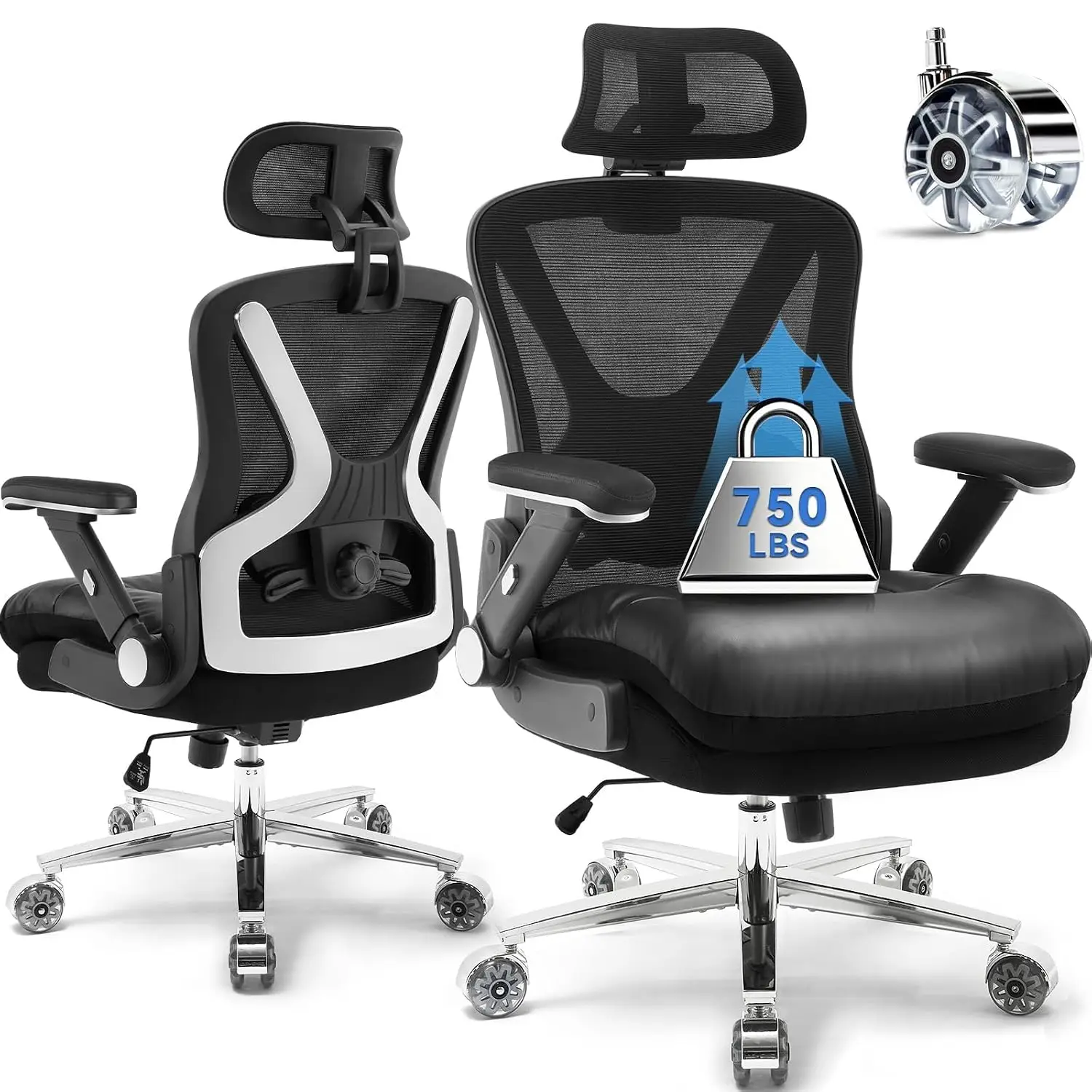 Heavy Duty Office Chair 750lbs Mesh High Back Wide Seat Adjustable Headrest Lumbar Support Flip Arms Large Wheels, Customized