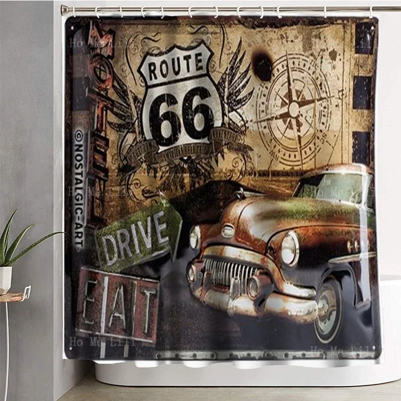 Retro Tin Sign Garage American Highway Route 66 Gas Station Metal Tag Design Shower Curtain By Ho Me Lili Bathroom Decor