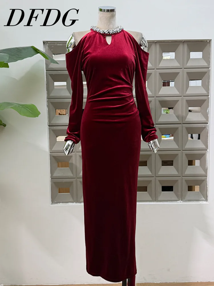 

DFDG 2025 Designer Women’s Off Shoulder Velvet Slit Evening Gown Elegant Sexy Slim Sheath Dress Spring Fall Banquet Party Dress