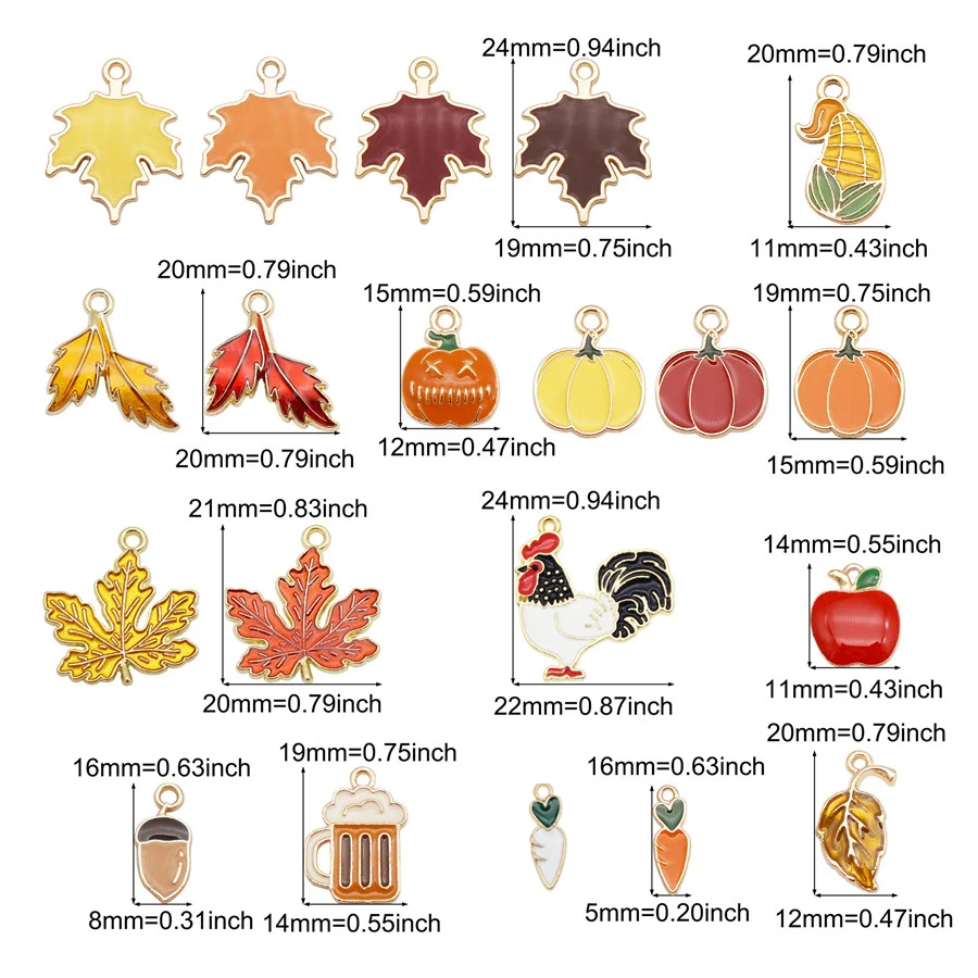 Julie Wang 20PCS Enamel Autumn Charms Maple Leaf Pumpkin Acorn Carrot Alloy Thanksgiving Day Pendant Jewelry Making Accessory