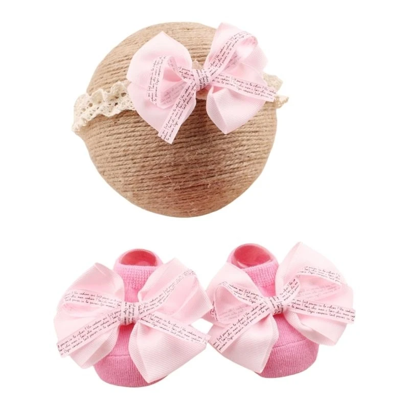 090B Baby Lace Headband with Slip Resistant Socks Fashionable Baby Headwear with Not Slip Socks for Newborns to 12 Month
