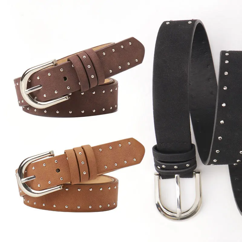 

New Velvet Waist Belt for Women with Pressed Beads Western Style Leather Trendy Unique Hot Selling Simple Pin Buckle Waist Belt