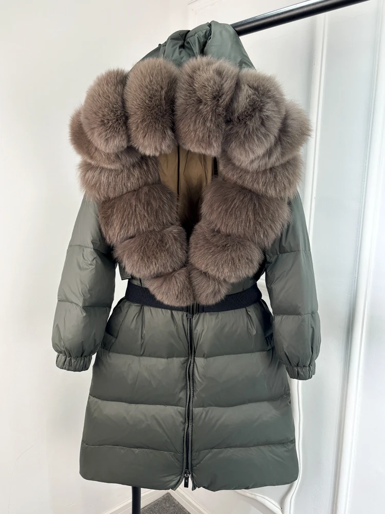 Lagabogy 2025 Winter Puffer Jacket Women Real Fox Fur Hooded Collar Thick Warm Long White Duck Down Coat Loose Luxury Outerwear